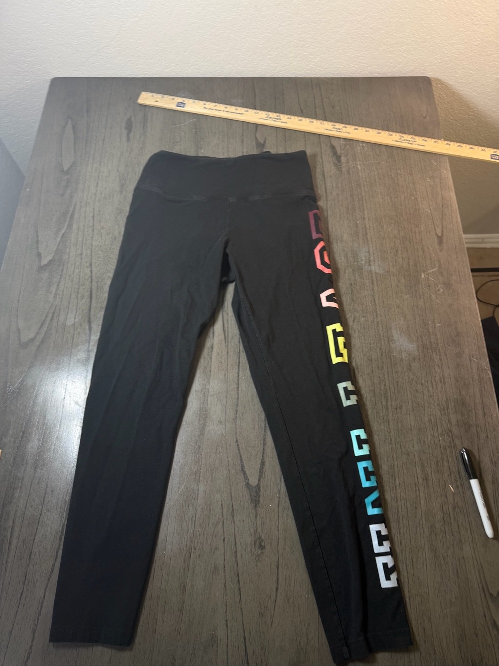 PINK Victoria's Secret Black Leggings with Rainbow Geometric Side Print